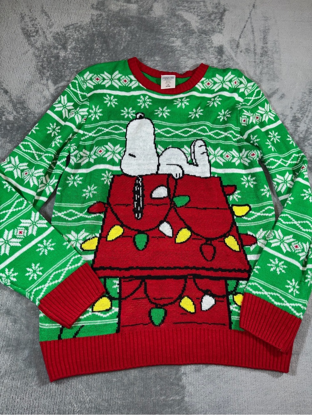Peanuts Green and Red Snoopy Doghouse Crewneck Sweater